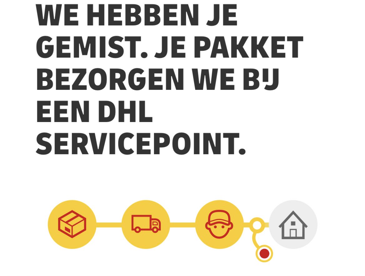 Pasbreda's tweet photo. @DHLNL zorg even dat jullie fatsoenlijk personeel aannemen. Mensen die echt aan de deur komen ipv gelijk alles afdroppen bij het DHL Servicepoint. Dit is de 8e x op rij dat ik heel de dag thuis zit en ik een mail krijg met “we hebben je gemist..” #DHL https://t.co/NteCMxZ39I