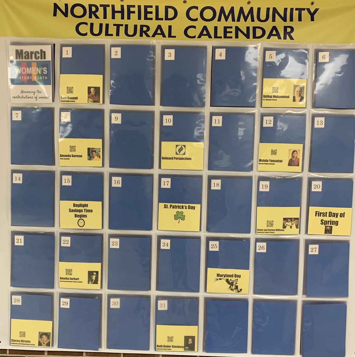Picture of our NES Community Calendar. We use this to highlight cultural celebrations and notable days.