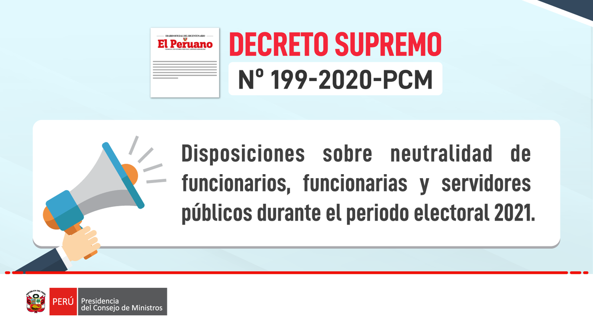 #Pocollay |📢 Para garantizar el deber de neutralidad y asegurar el desempeño ético de funcionarios y servidores públicos del Estado en el periodo electoral 2021, el Gobierno emitió el Decreto Supremo N°199-2020-PCM. 

📰 Puedes revisarlo desde aquí 👉 ow.ly/IUsc50E2zUK