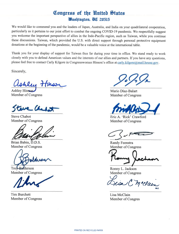 RepMMM's tweet photo. Taiwan has long been a key trading partner for the US, particularly benefitting Iowans.

I was proud to join my good friend @RepAshleyHinson's letter to @StateDept on the importance of maintaining strong relationships with Taiwan and supporting them in the face of #CCP threats. https://t.co/wNSZfq3Nri