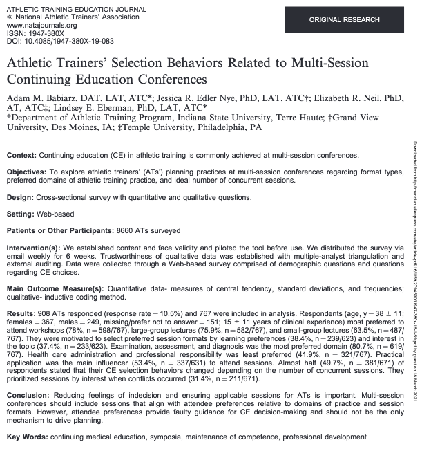 Babiarz, et al investigated the choices ATs make regarding their continuing education decisions.  Check it out at meridian.allenpress.com/atej/article/1…