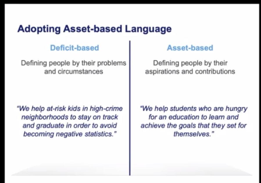 Insightful learning on the difference between deficit-based and asset-based language choices from <a href="/usbank/">U.S. Bank</a>'s Marcus Brown and <a href="/slbeatty/">Susan Beatty</a> during session on DEI Communications #ConvergenceSummit