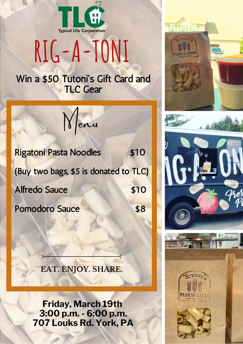 TLC has partnered with the cold Rig-A-Toni food truck tomorrow from 3 p.m. until 6 p.m. Every second bag of pasta that is purchased, a $5 donation will be given back to our organization! #nonprofit #npo #tlc #givelocalyork ⁦<a href="/givelocalyork/">Give Local York</a>⁩ ⁦<a href="/tutonisyork/">Tutoni's</a>⁩
