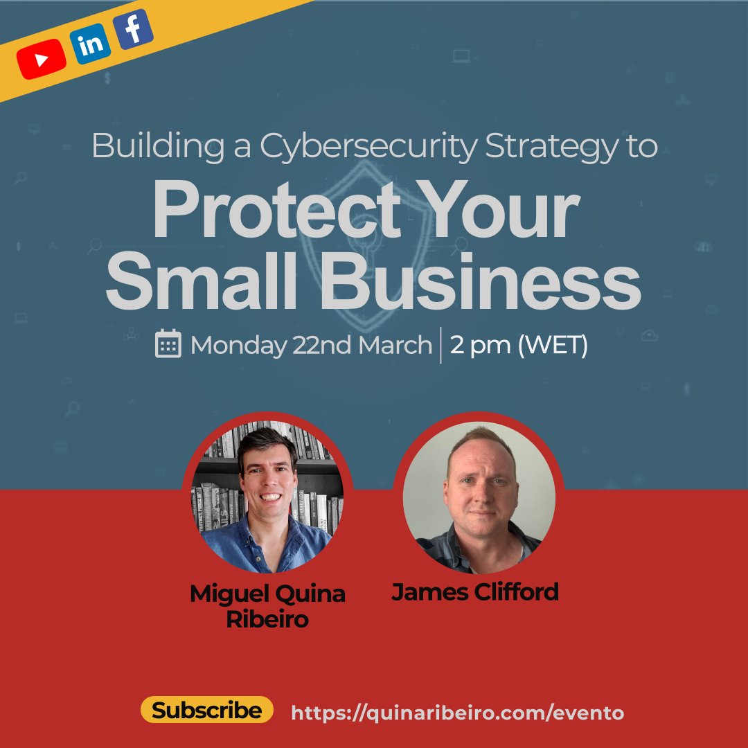 So this is happening ... I've been invited onto a live chat about #cybersecurity Monday 22nd March @ 2 pm (WET)

sign up at - quinaribeiro.com/evento/

--------
#podcast #event #livechat #informationsecurity #securitytraining #securityawareness #staysafeonline