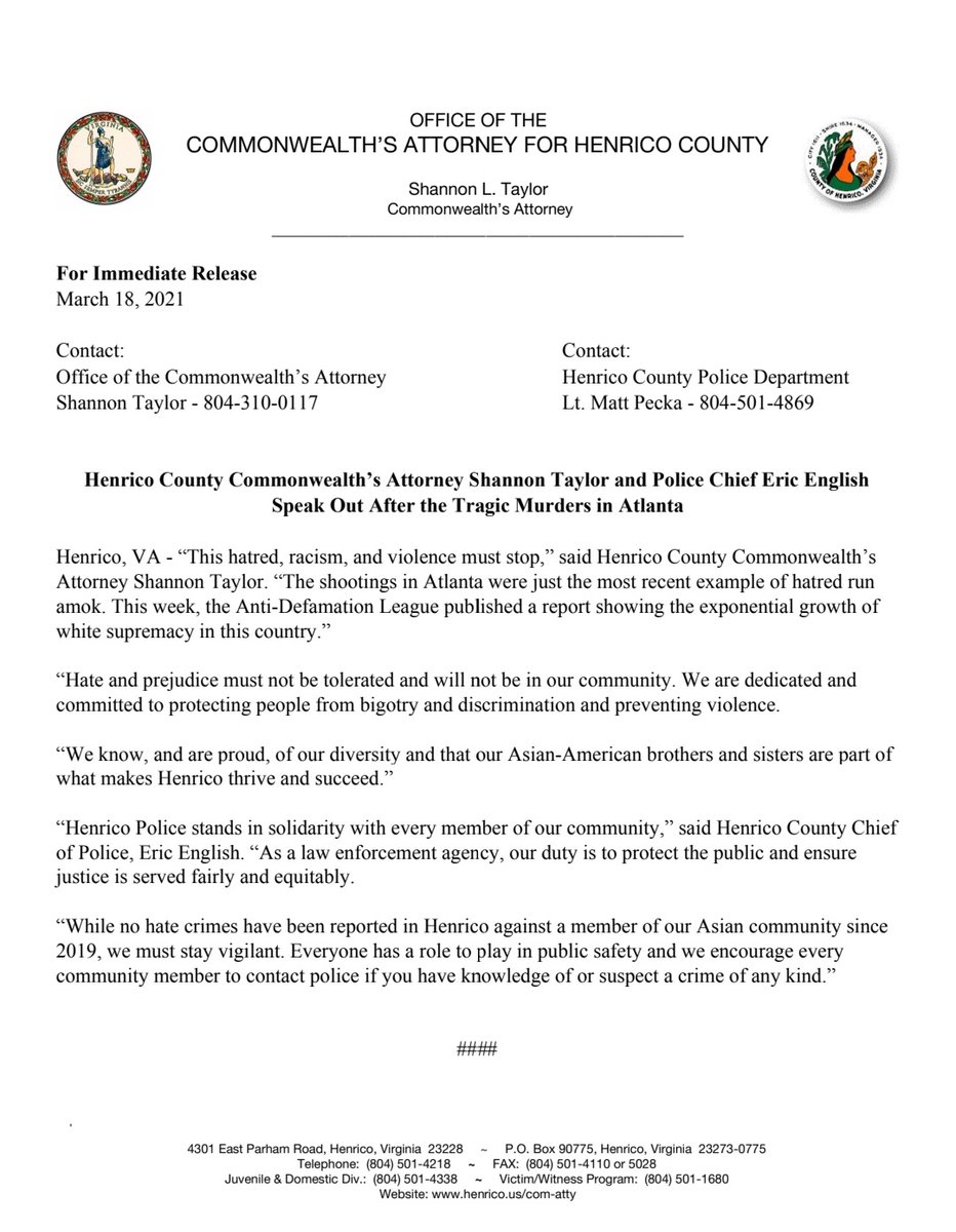 Joint Statement with Henrico Police Chief. We stand in solidarity with our AAPI brother and sisters!