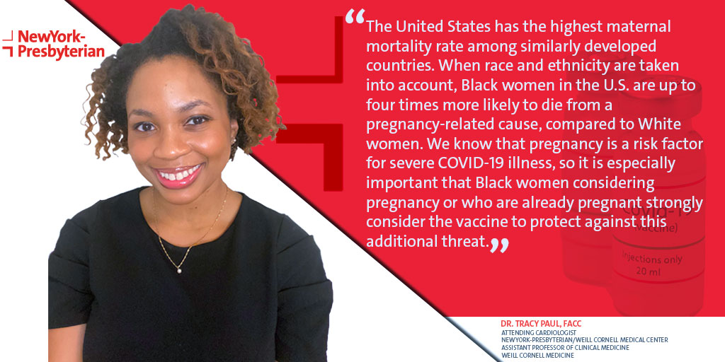 nyphospital's tweet photo. The #COVID19 pandemic has only exacerbated existing gaps in health outcomes among different racial groups. #NYP &amp; @WeillCornell’s Dr. Tracy Paul speaks to why vaccination is so deeply critical for Black women in particular. #VaccinateNY #CommunityImmunity https://t.co/NhL11pGphU