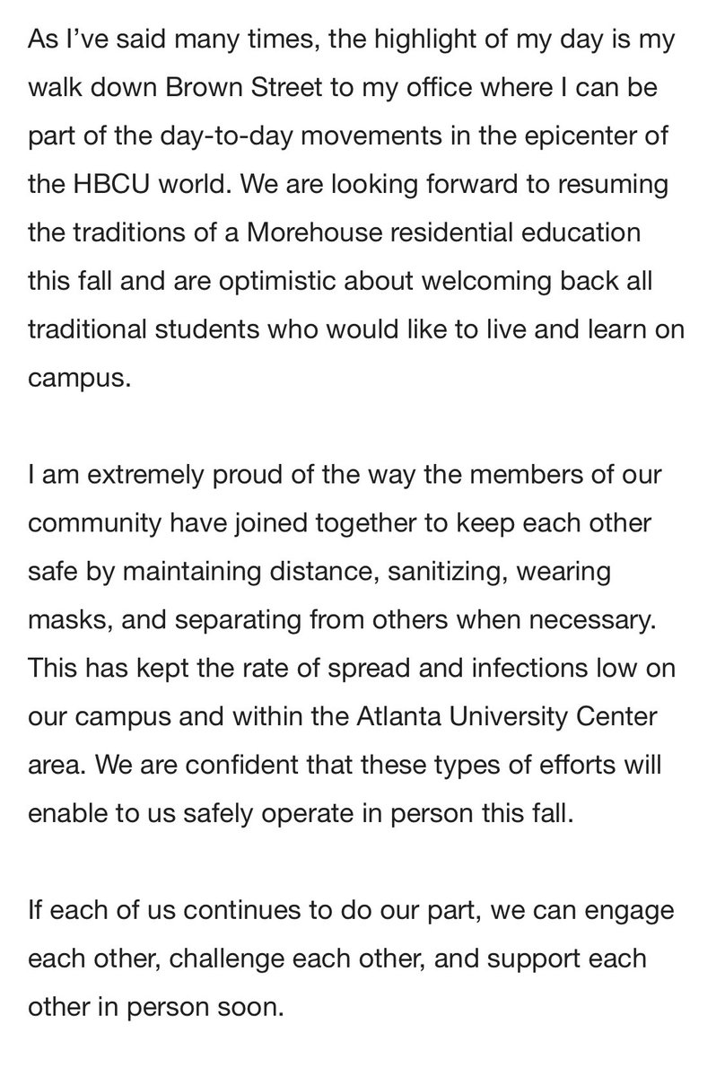 Morehouse College is planning to fully reopen in the fall of 2021.