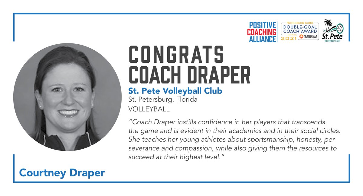 Positive Coaching Alliance (@positivecoachus) on Twitter photo Leading up to our National #YouthSportsAwards (link in bio) weโll be featuring each of our 25 National Double-Goal Coach Award Winners presented by <a href="/teamsnap/">TeamSnap</a>! Next up is #volleyball coach <a href="/CourtneyDraper_/">Courtney Draper</a> from <a href="/SPVBC/">St. Pete Volleyball</a>! ๐ Leading up to our National #YouthSportsAwards (link in bio) weโll be featuring each of our 25 National Double-Goal Coach Award Winners presented by <a href="/teamsnap/">TeamSnap</a>! Next up is #volleyball coach <a href="/CourtneyDraper_/">Courtney Draper</a> from <a href="/SPVBC/">St. Pete Volleyball</a>! ๐