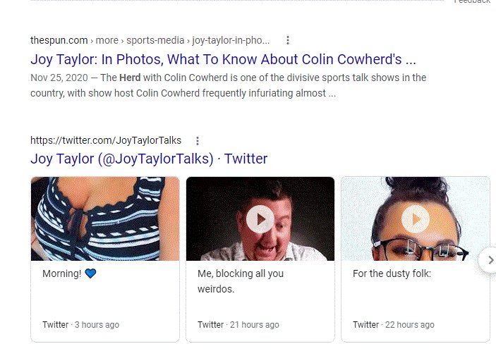 UncleDB12's tweet photo. @JoyTaylorTalks FYI.. how google is choosing to display this post (from a google search of your name) kinda hilarious.. https://t.co/UTlywrnfRk