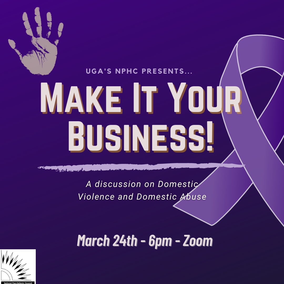 UGANPHC's tweet photo. Join UGA’s NPHC next Wednesday as we discuss and unpack domestic violence and abuse. Program starts at 6:00pm via Zoom. We encourage everyone to wear purple in respect of Domestic Violence Awareness. See you there! https://t.co/vP6DbWFrjL