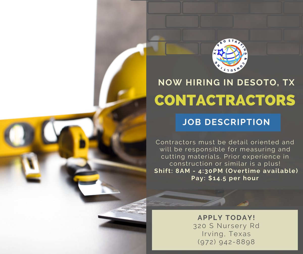 NEW JOB ALERT! XL Pro is seeking talented and detail oriented contractors, if you are interested in this position, contact one of our Irving recruiters TODAY: (972) 942-8898
#contractorjobs #contractrecruitment #dfwjobs #irvingjobs #desotojobs #desototexas #nowhiring #gethired