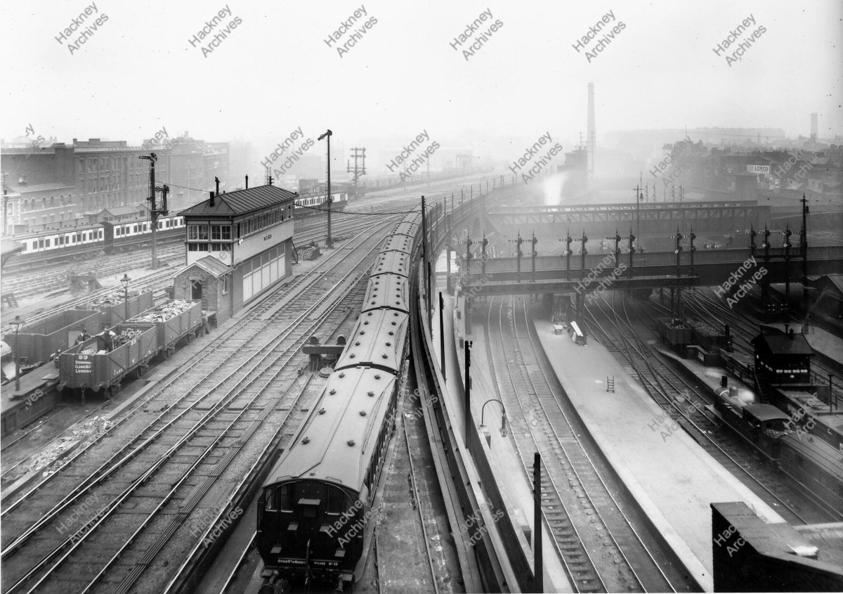 Broad Street station throat, looking north with the Skinner and Primrose bridges on the right over the northern end of Liverpool Street station. Part of Appold Street visible on the left. 1898 North London Railway.