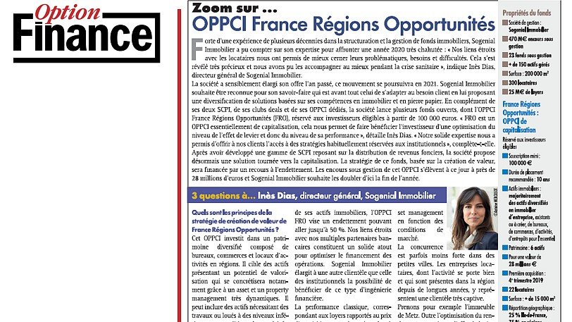 SOGENIALIMMO's tweet photo. #Zoom sur l'#OPPCI #France #Régions #Opportunités
Option Finance : Entretien avec #InèsDias, Directrice Générale de @SOGENIALIMMO et #AudreyCorcos sur la stratégie de création de valeur de #FRO,son montage permettant d’obtenir un rendement attractif et les localisations visées... https://t.co/59WvmAnyde