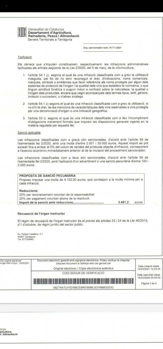 Expedient sancionador rebut per utilitzar el topònim de la Figuera, a instància de la DO Montsant. AJUDANT A MANTENIR TERRITORI!!! 
#laFiguera #somdelaFiguera #vinyataireslliures #garnacha #granatxa #garnatxa #pater #Èlia #Matraketa #cerverola #Familia