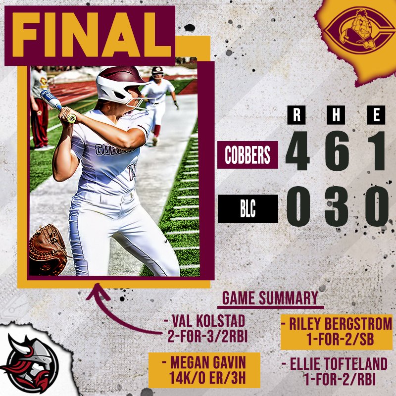 COBBS WIN! COBBS WIN! Cobber softball beats Finlandia &amp; Bethany Lutheran to sweep Thursday &amp; go 3-1 at the Viking Classic. CC is now 7-5 on the year. 
UP NEXT: at MSU Moorhead on Thurs. 3/25 @ 2:30
#RollCobbs🌽