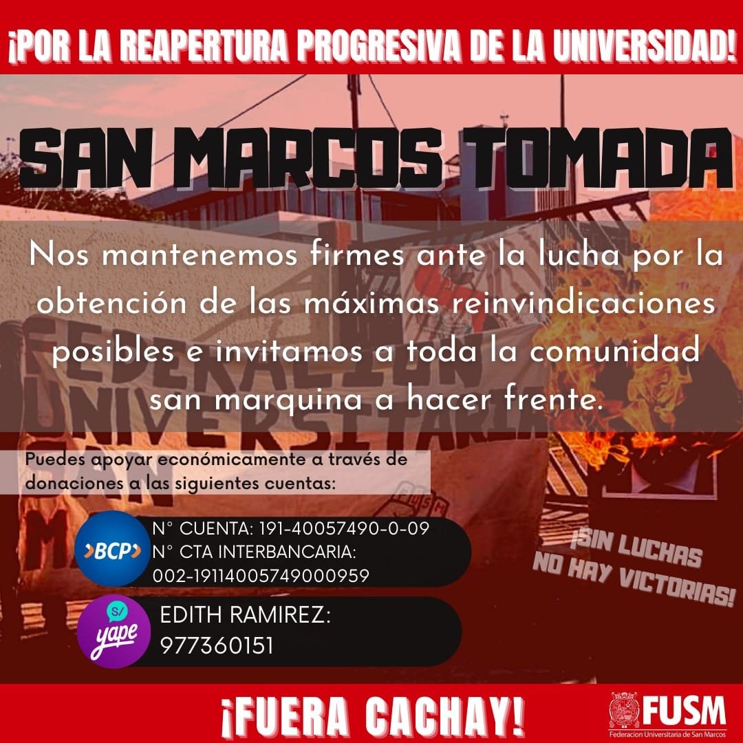 InfoLaPlaza's tweet photo. #UNMSM Estudiantes de la Universidad San Marcos acaban de tomar el campus en protesta contra el rector Orestes Cachay, implicado en el caso #Vacunagate. Cabe recordar que días atrás, su despacho anuló la sesión de Asamblea Universitaria donde se trataría su vacancia.
#FueraCachay https://t.co/jf5xGhj2fv