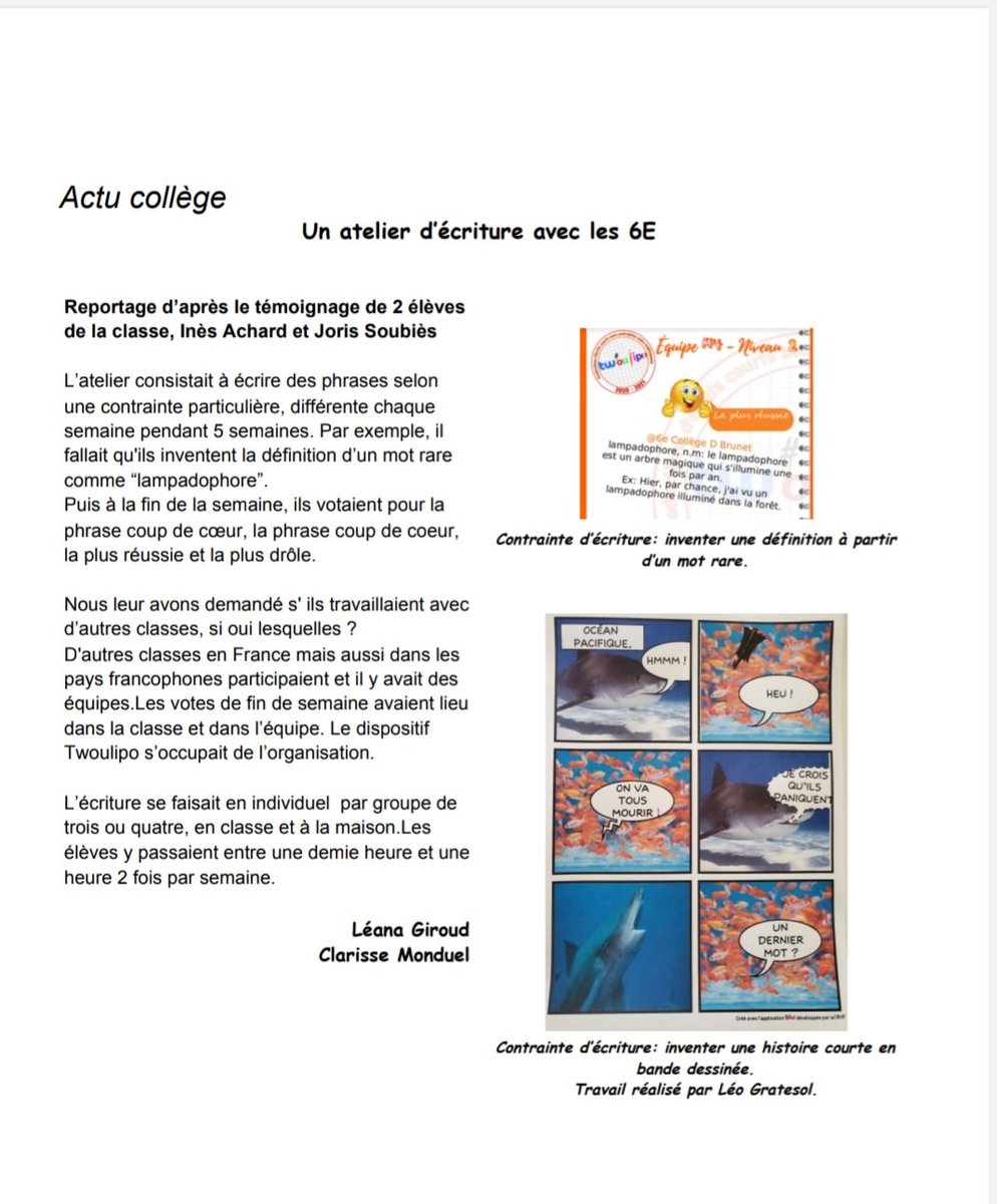 #Twoulipo à l'honneur dans un des articles du Journal du collège, réalisé par une autre classe de 6ème n'ayant pas participé au dispositif <a href="/Twictadrome/">TwictaDrôme</a> <a href="/julien_cremoux/">Julien Crémoux</a> <a href="/GrenobleLettres/">LettresGrenoble</a>