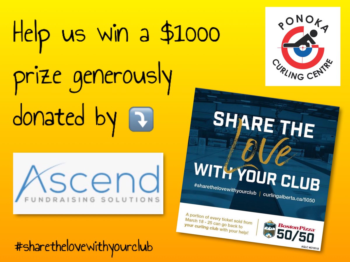 Help us win a $1000 prize generously donated by Ascend Fundraising Solutions. 

Retweet this post by tagging <a href="/CentrePonoka/">Ponoka Curling Centre 🇨🇦</a> &amp; use the hashtag #sharethelovewithyourclub. 

Thank you <a href="/Curling_Alberta/">Curling Alberta</a> for supporting the local curling clubs.