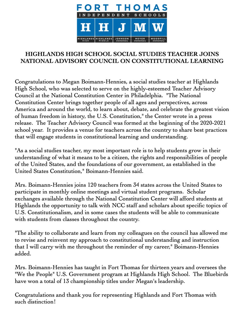 Congratulations to Megan Boimann-Hennies, a social studies teacher <a href="/FTHighlandsHS/">Highlands High School</a>, who was selected to be a part of the 120-member Teacher Advisory Council at the National Constitution Center in Philadelphia.

Kudos to Megan!

@FTISSuper 
@BBradfordFTIS 
<a href="/JameeFlaherty/">Jamee Flaherty</a>