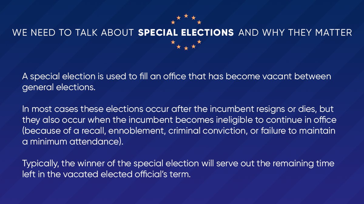 WhenWeAllVote's tweet image. If your elected official suddenly vacates their seat, it’s likely YOU will get cast a vote for their replacement in a special election.

We’re breaking down what a special election is and why it’s important to make our voices heard in every possible special election.