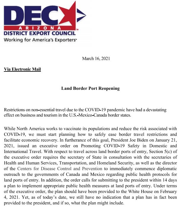 The Arizona District Export Council proposes steps to take towards easing international border restrictions brought on by the COVID-19 pandemic. <a href="/theHyggeFoodie/">J Felipe Garcia V</a> <a href="/LuisOnTheBorder/">Luis Ramirez Thomas</a> <a href="/GlennWilliamso3/">Glenn Williamson</a>  
tinyurl.com/2uheyza8 <a href="/theHyggeFoodie/">J Felipe Garcia V</a>
