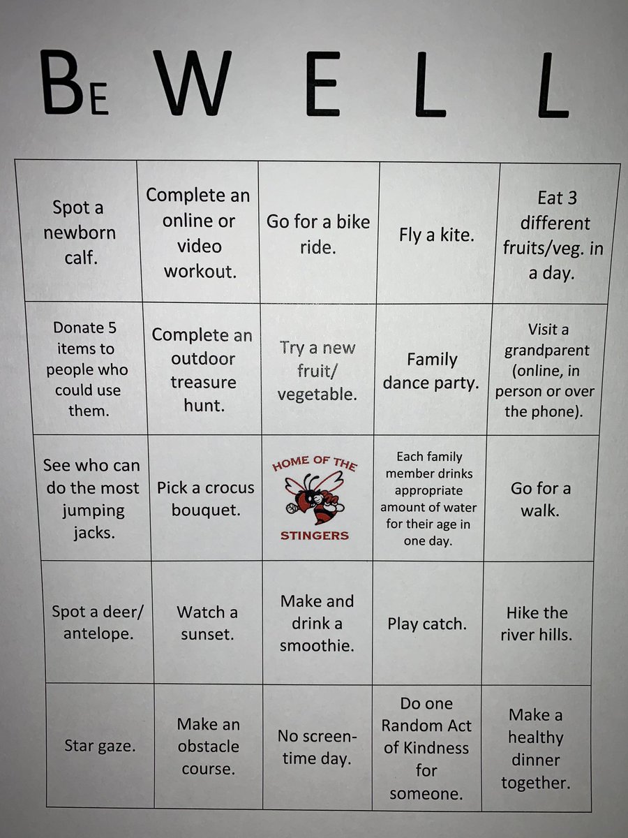 A huge shout out to our SCC for putting together the BeWELL BINGO card! This activity challenges families to get active and make healthy choices, together! There are some awesome prizes available for families that complete a blackout!