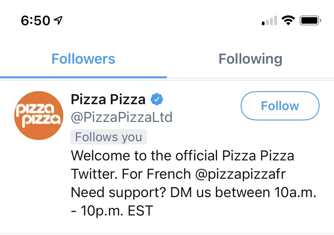 emilynhan's tweet photo. Uh.. I just realized @PizzaPizzaLtd follows me. I have peaked and can die happy. https://t.co/VcYxf4sWXM