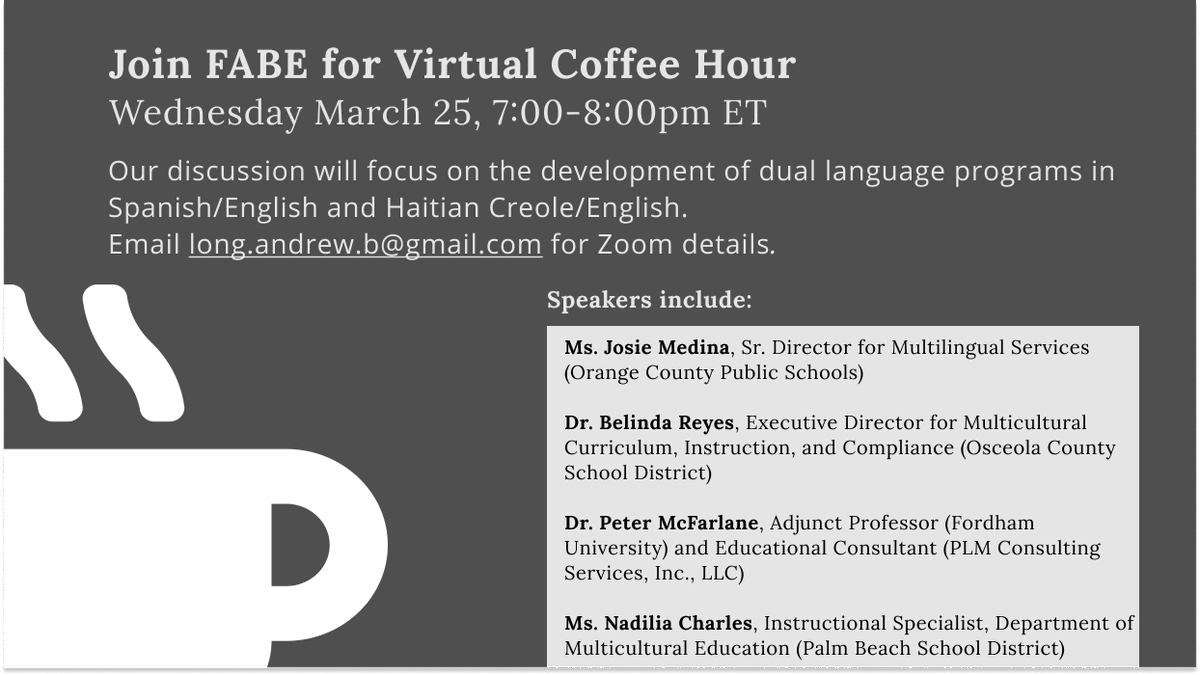 Join FABE for coffee next Wednesday 7-8pm ET! 
Email long.andrew.b@gmail.com for zoom details.