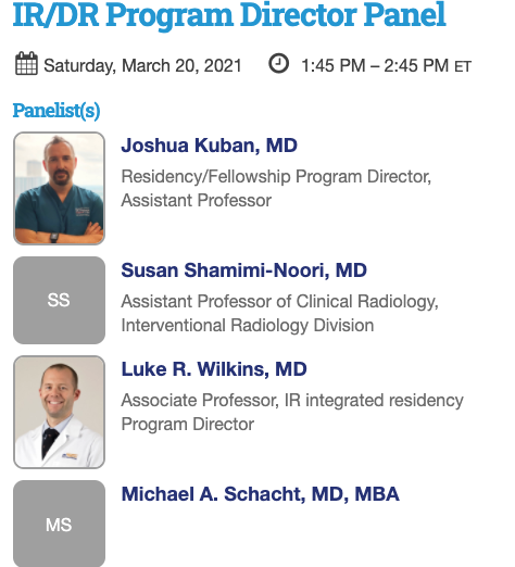 #SIR2021 Medical Student Program on 3/20 Make sure to listen in on this incredible IR/DR Program Director Panel! Panelists: <a href="/LukeWilkins_UVA/">Luke Wilkins, MD, FSIR</a> <a href="/MikeSchachtMD/">Mike Schacht MD MBA</a> <a href="/SusanShamimi/">Susan Shamimi-Noori MD MSEd</a> <a href="/jdkubanMD/">Josh Kuban</a> #Irad #TwittIR #SIR #IR #VIR #RadRes <a href="/SIRspecialists/">Society of Interventional Radiology</a> <a href="/SIR_ECS/">SIR ECS</a>