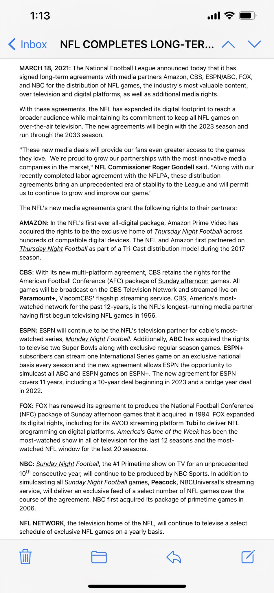 mushroom Counsel lettuce Jay Posner on Twitter: "New NFL TV deal runs from 2023-33. Biggest change  is Thursday games will be exclusive to Amazon Prime. Also, ABC gets two  Super Bowl and flex scheduling includes