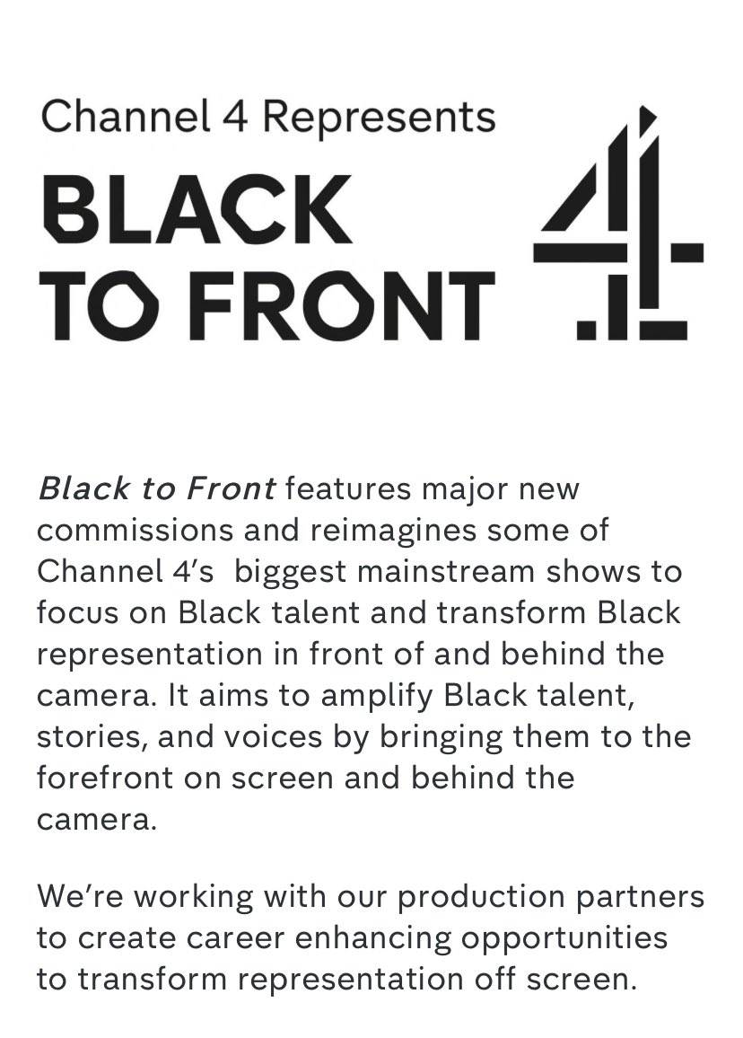 BlackWomenOS's tweet photo. Opportunity: @channel4 are looking for YOU. They have opportunities for in production for unscripted roles for in London, Leeds, Manchester &amp; Wales. 

All you need to do is email your CV to BTFTALENT@Channel4.co.uk by the 22nd of March. https://t.co/S4ndL9Aqqn

 #BlackToFront https://t.co/79clRjyU4r