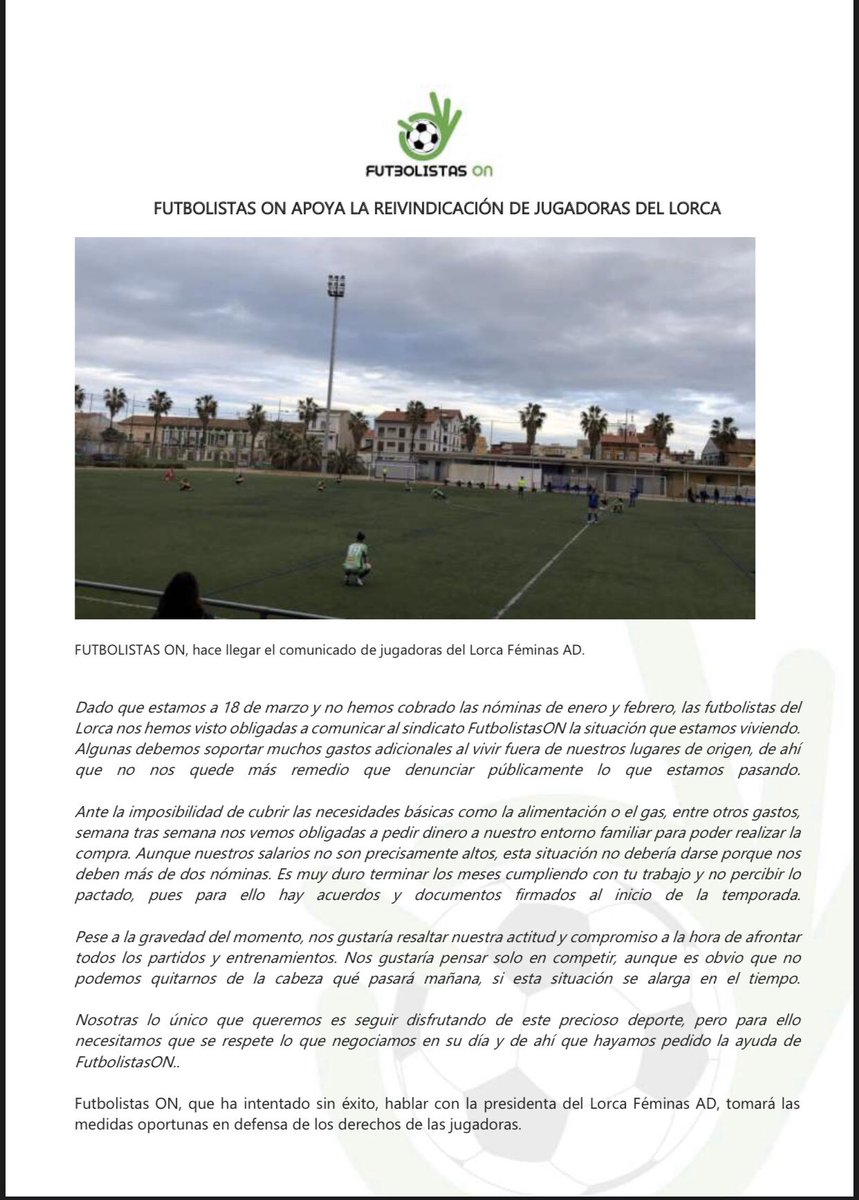 FutbolistasON's tweet photo. ⚽️ Comunicado de las futbolistas del @LorcaFeminas sobre la difícil situación que están viviendo, una lucha en la que cuentan con el respaldo de su sindicato, él sindicato de tod@s l@s futbolistas. @FutbolistasON 👌 https://t.co/q8FHzL4xPs