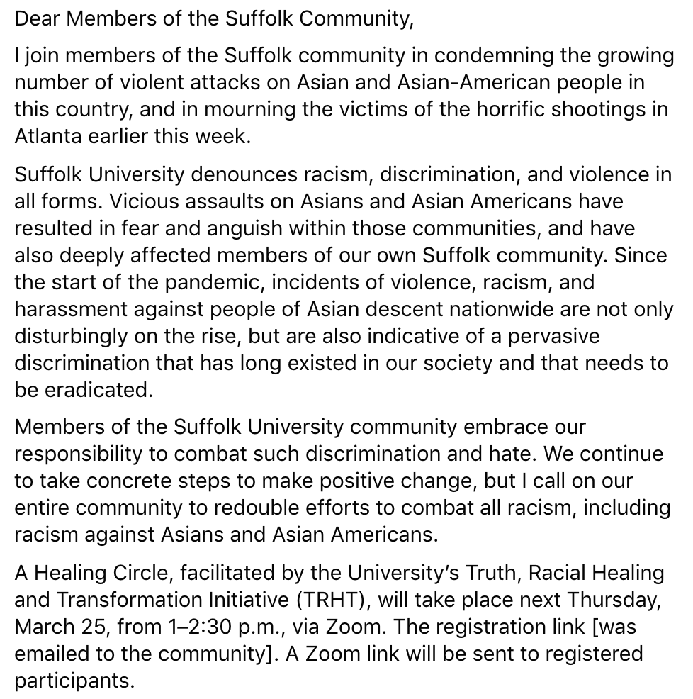 Suffolk_U's tweet photo. Statement on violence against Asians and Asian Americans from Suffolk University President Marisa Kelly:

Additional resources have been emailed to our community. https://t.co/1Jc392Zlkh
