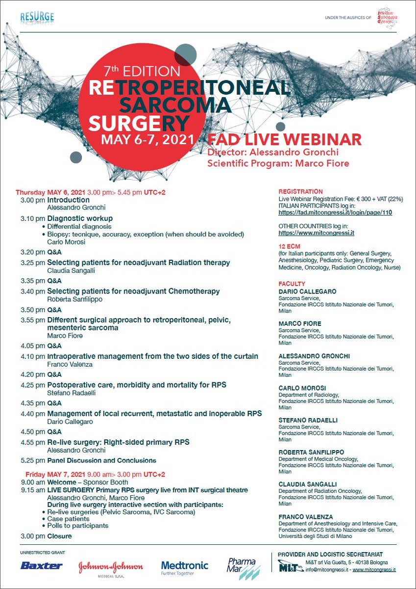 We are proud to announce #ReSurge 7th Ed #retroperitoneal #sarcoma surgery masterclass on May 6-7. Live Surgery from <a href="/Tumori/">内藤ツモリ</a> 🇮🇹
International attendees can register at mitcongressi.it 
<a href="/TARPSWG/">TARPSWG</a> <a href="/SoMe4sarcoma/">@SoMe4sarcoma</a> <a href="/ESSOnews/">European Society of Surgical Oncology (ESSO)</a> <a href="/SocSurgOnc/">Society of Surgical Oncology</a> <a href="/anzsarcoma/">Australia and New Zealand Sarcoma Association</a> <a href="/SelnetH2020/">Sarcoma European LatinAmerican Network (SELNET)</a> <a href="/TheBSG_UK/">British Sarcoma Group</a>