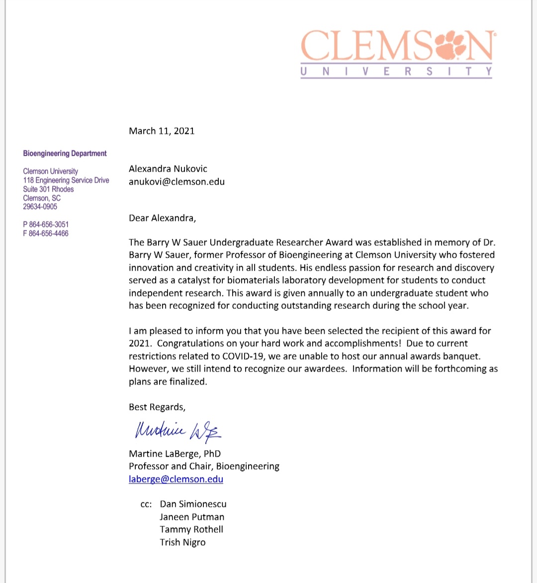 Super excited to have been awarded the Barry W Sauer Undergraduate Researcher Award from @CU_BioE for my research during my four years as an undergrad! Especially want to thank <a href="/NanoBioLab1/">Angela Alexander-Bryant</a> for amazing mentorship and guidance during the past two years!