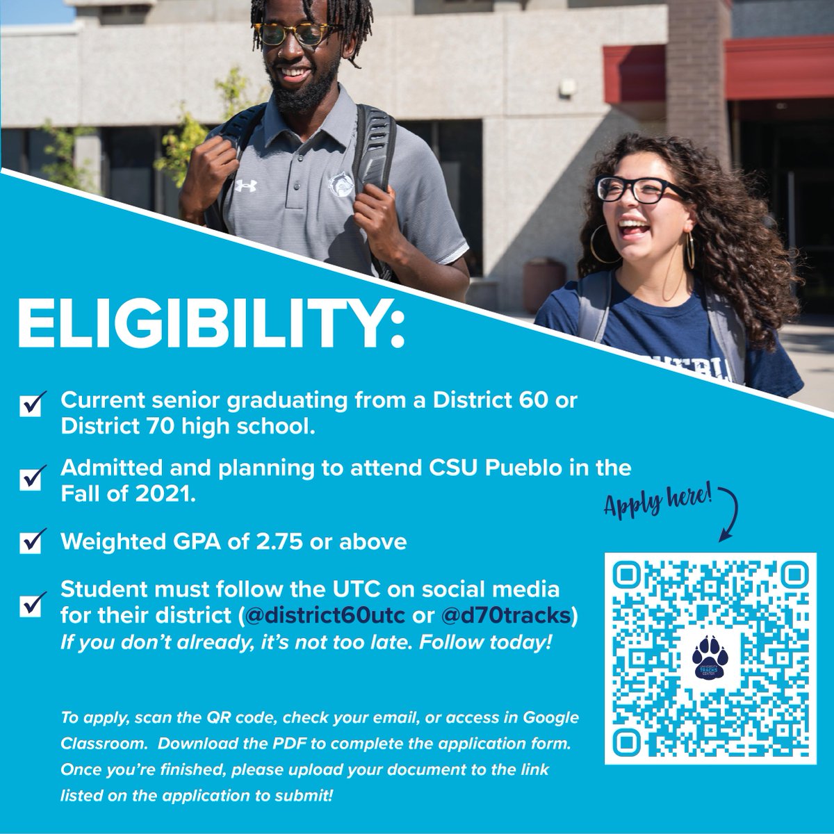 district60utc's tweet photo. SCHOLARSHIP ANNOUNCEMENT! UTC College Ready Scholarship, DEADLINE: April 30th by 11:59 PM. For more information, see the attached images and scan the QR code! https://t.co/QJjawwsMDJ