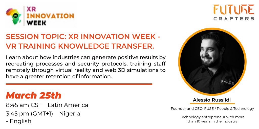 Attend <a href="/immersiveafrica/">Immersive Tech Africa</a> event: XR Innovation Week 2021 and learn more about our experience developing training simulations at @fusenewmedia through the voice of our CEO <a href="/Russildi/">Alessio Russildi</a>

Get your tickets via Event Brite 
- bit.ly/XRinnovationwe…

#XRInnovationWeek #VR #innovation #Tech