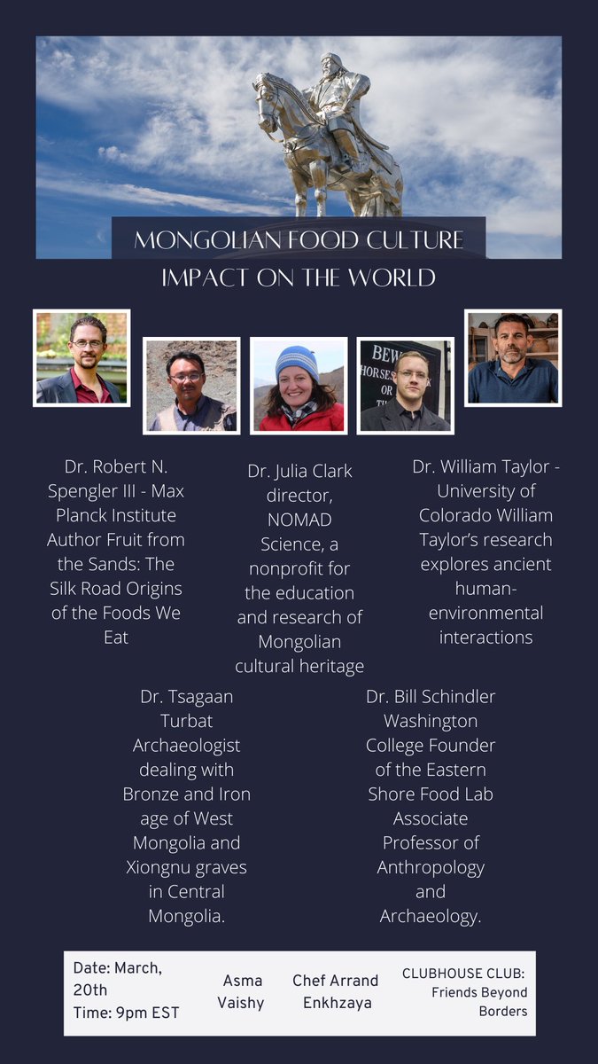 Tune in Saturday at 9:00 pm EST for #MongolianFood Culture Impact on the World.  I am pumped to collaborate with my good friend, Chef Cliffe Arrand <a href="/chefarrand/">Cliffe Arrand</a>
Access at Clubhouse Club: Friends Beyond Borders.
#eatlikeahuman #virtualconference #food #mongolia #worldcuisine