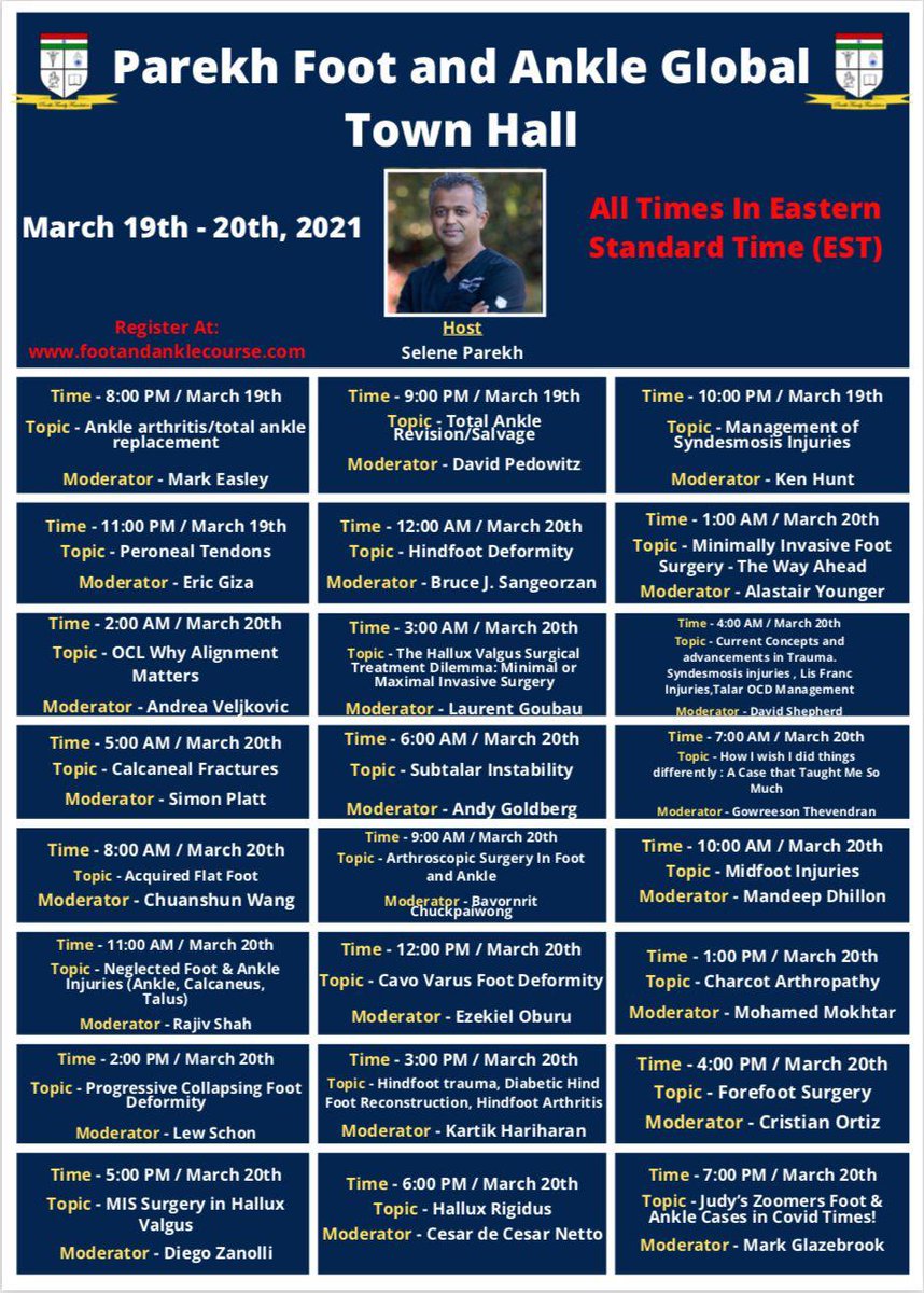 seleneparekhmd's tweet photo. Happening tomorrow!
Don't miss it. Starting at 8:00 p.m. EST & going 24 hrs #FootandAnkleGlobalTownHall
Open to https://t.co/tDUc18Kuce registeration
https://t.co/lvS3fsciZP
Hear key opinion leaders & ask questions.
#ParekhFamilyFoundation
@AOFAS @AAOSmembers @AOSSM https://t.co/yHDSli0gHg