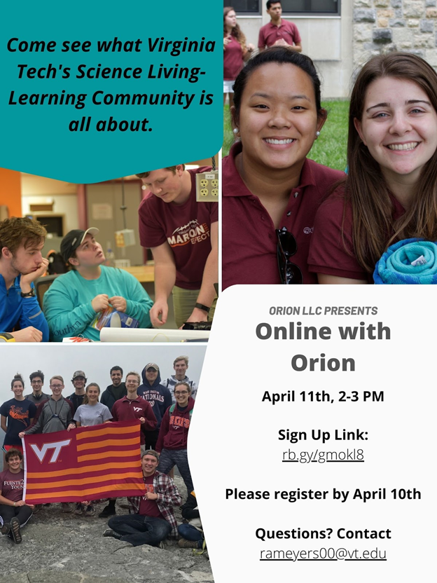 OrionScienceLLC's tweet photo. Online with Orion’s date has changed to April 11th! Join us on Zoom to learn more about our Living Learning Community. Community members will be present to talk about what makes Orion such a great opportunity for STEM students, and to answer any questions about becoming a member. https://t.co/1he4g6NiYn
