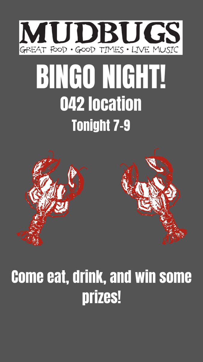 It’s time for another edition of BINGO NIGHT &amp; THIRSTY THURSDAY! Y’all stop by for a few lbs of your favorite crawfish, cold beer and play some bingo! See y’all soon!! #crawfish #shrimp #crablegs #bbq #bbqribs #pulledpork #beer #craftbeer #dinner #greatfood #goodtimes #livemusic