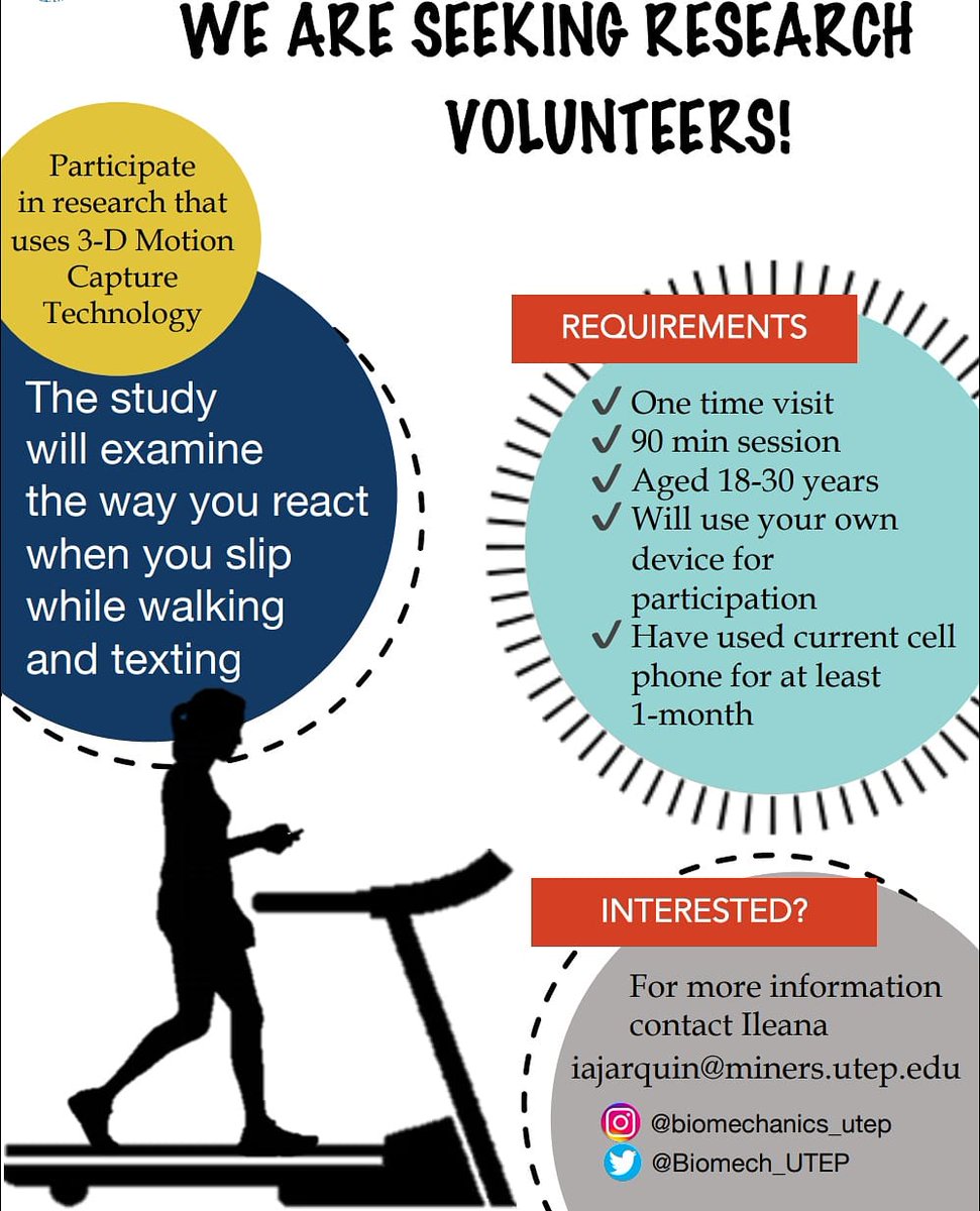 Biomech_UTEP's tweet photo. We are currently recruiting for a research study!

Can you walk while texting? If you are between the ages of 18-30, DM us today! 

📲🚶🚶‍♀️🚶‍♂️

For more information DM us or email Ileana directly!

#Utepbiomechanics #Biomechanics
#PleaseShare https://t.co/FHjOC70pWa