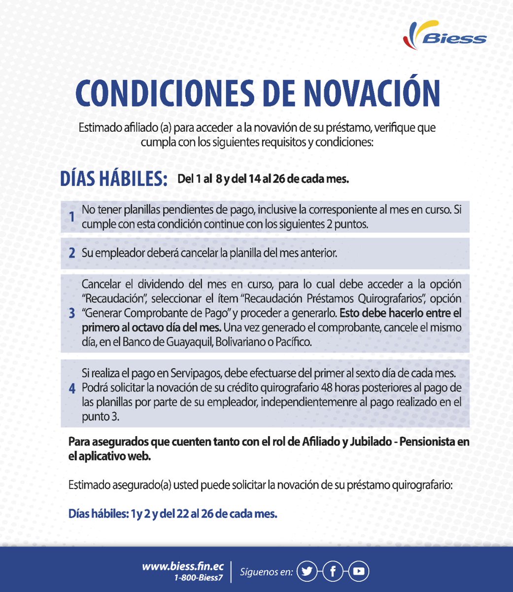 BiessEcuador's tweet photo. @8Jrbernal Buen día. El termino "en planilla" indica que la planilla se ha generado pero aún no se ha cancelado. Para hacer novaciones usted debe adelantarse a la generación de la misma cancelando la cuota mensual por su cuenta hasta el día 8. https://t.co/DTtTgVj0f8