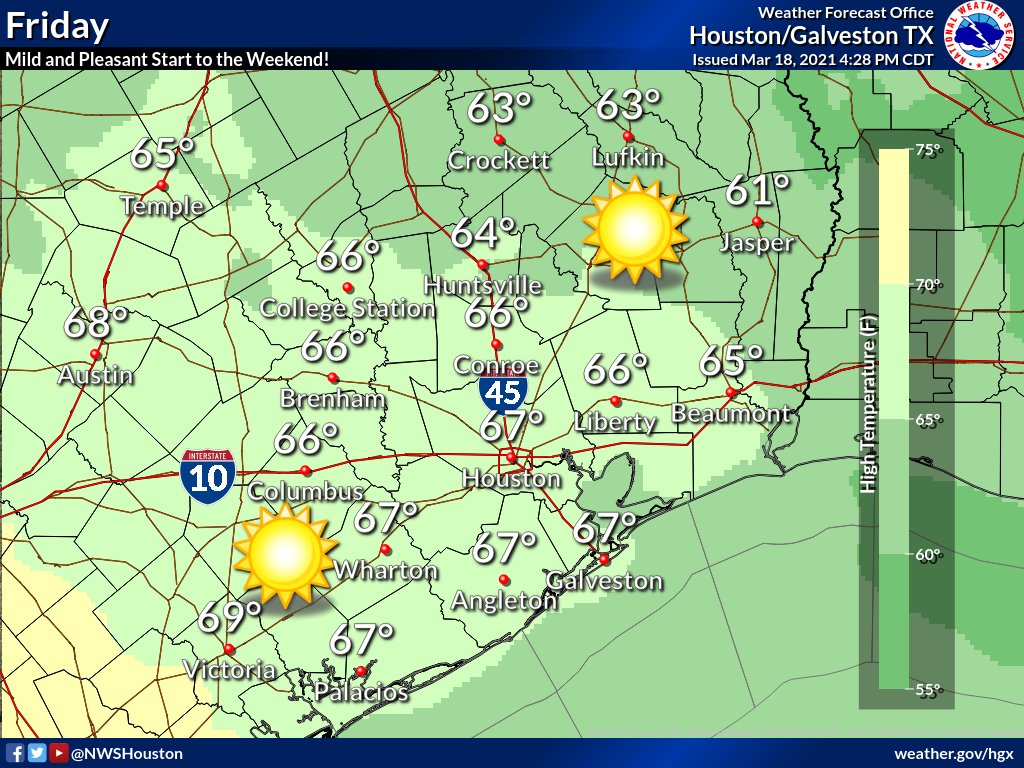 NWSHouston's tweet photo. More pleasant weather is in store for SE TX! Tonight, we're expecting another cool and dry evening with another day of sunny skies and highs in the 60s in store on Friday. #houwx #txwx #bcswx #glswx https://t.co/VHqWMgmoq8