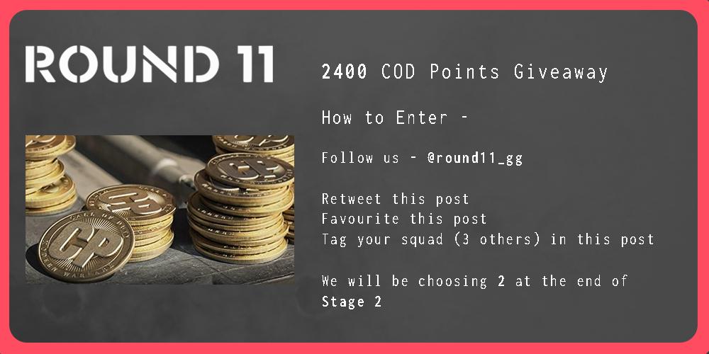round11_gg's tweet photo. With the start of #CDL2021 Stage 2, we start the Round11 COD Points Giveaway! 

Follow us!
Fav &amp; RT!
Tag your squad in the comments!

For your chance to win 2400 COD points to spend how you wish!! 

Winners will be announced at the end of Stage 2, good luck!

#BeyondTheScoreboard https://t.co/1d57Q9KHG4
