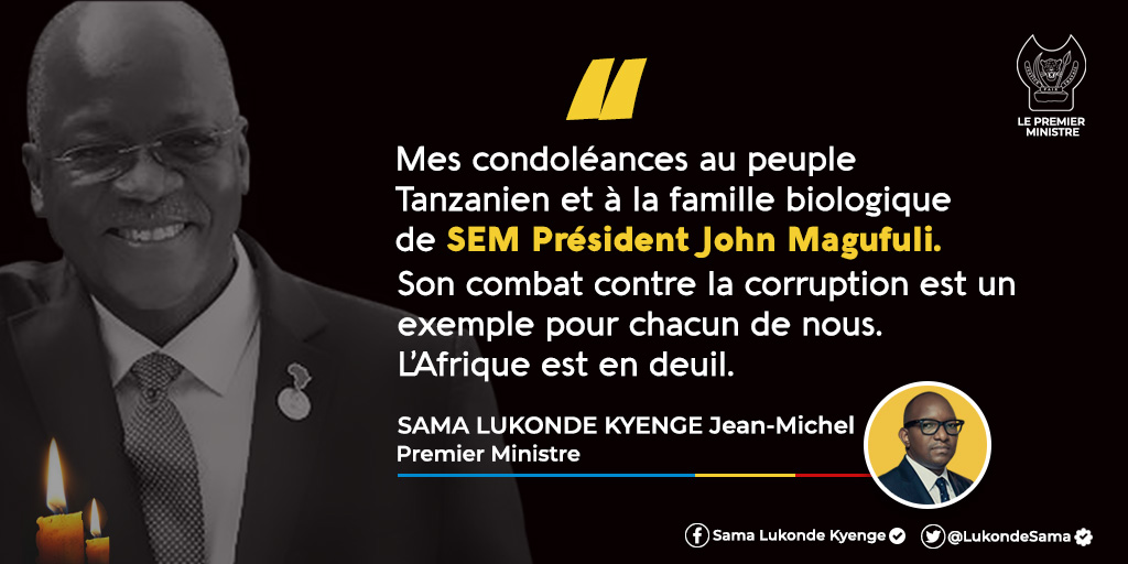 LukondeSama's tweet photo. Mes condoléances au peuple Tanzanien et à la famille biologique de SEM Président John Magufuli. Son combat contre la corruption est un exemple pour chacun de nous. L’Afrique est en deuil. @SuluhuSamia https://t.co/bAq2tjfLoa