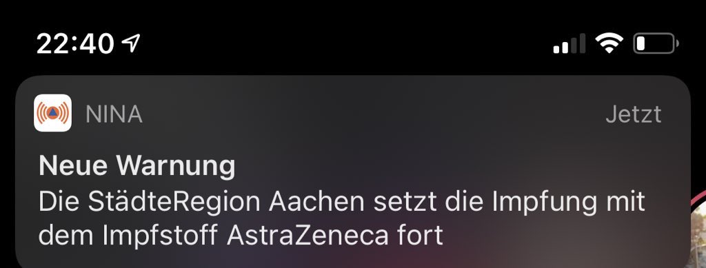 Die Nachforschungen beim #AstraZenaca Impfstoff haben nichts ergeben, also erst mal eine Warnung versenden das es wieder weiter geht 😂 #aachen