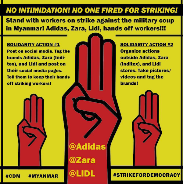 Alt_Bristol_'s tweet photo. Are you #AgainstMyanmarMilitaryCoup?
Will you stand with garment workers on #StrikeForDemocracy since 8 March - under vicious attack from Factory owners?
Call on @adidas @ZARA @LidlGB to control their factory contractors - plse sign #petition & #share
https://t.co/2E0C7LvoWN https://t.co/akUxRRvMMF