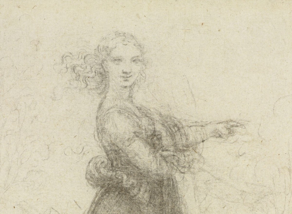 Detail of Leonardo's 'A Woman in a Landscape' (c. 1517-8). Also known as the 'Pointing Lady' sketch. (Source:  http://bit.ly/3cIX5XR )