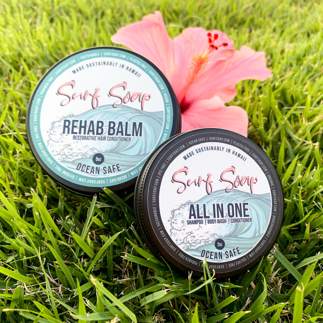 All-In-One & Rehab Balm. They go together like surfboards and wax 😉
.
.
 #perfectpair #surfsoap #surfclean #surfshampoo #veganshampoobar #postsurfconditioner #postsurf #siliconefree #surferconditioner #surfhair #vegansurfers #allinone #shampoobar #plasticswaps #madeinhawaii #s